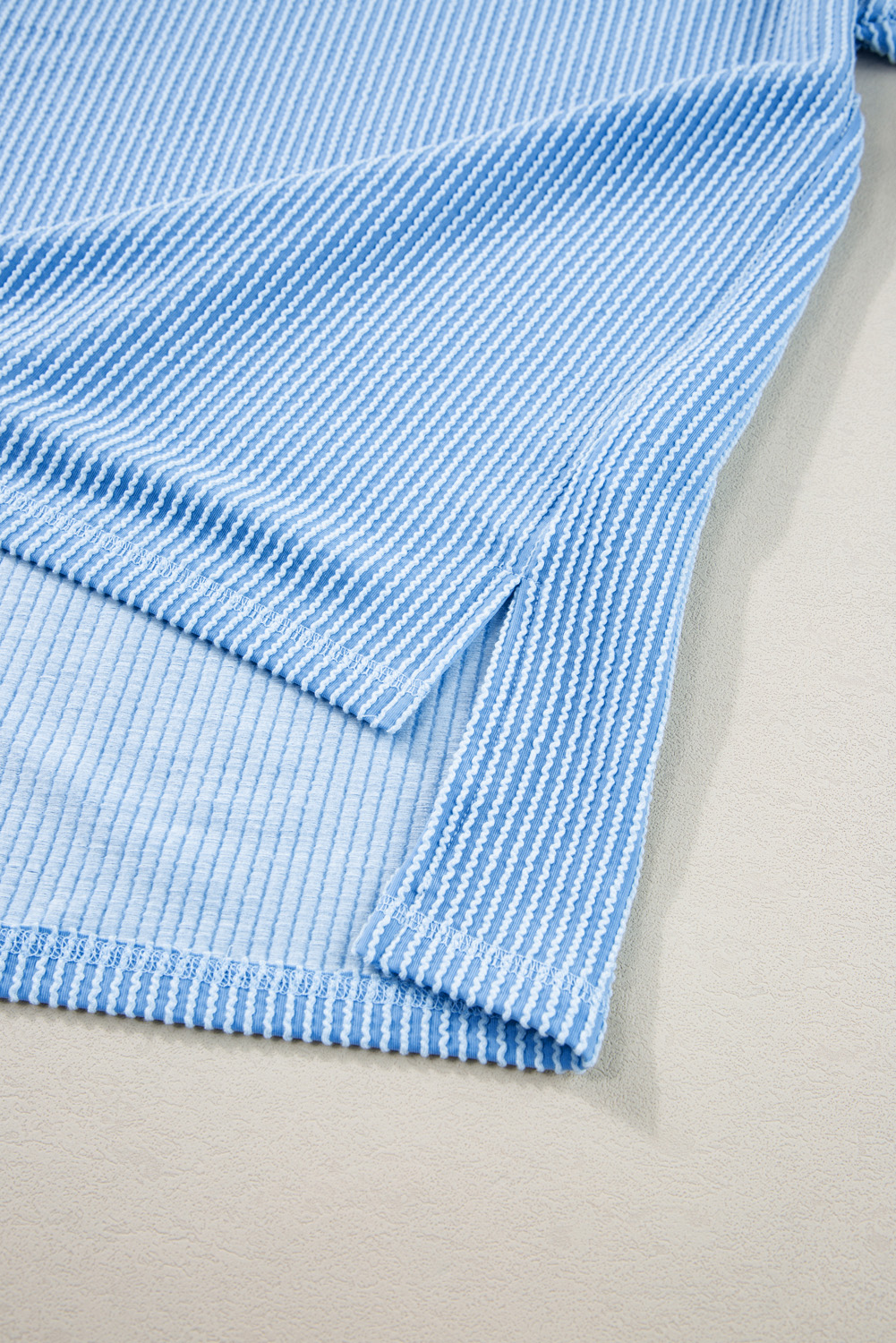 Plus Size Light Blue  Ribbed Long Sleeve Top and Drawstring Shorts Set