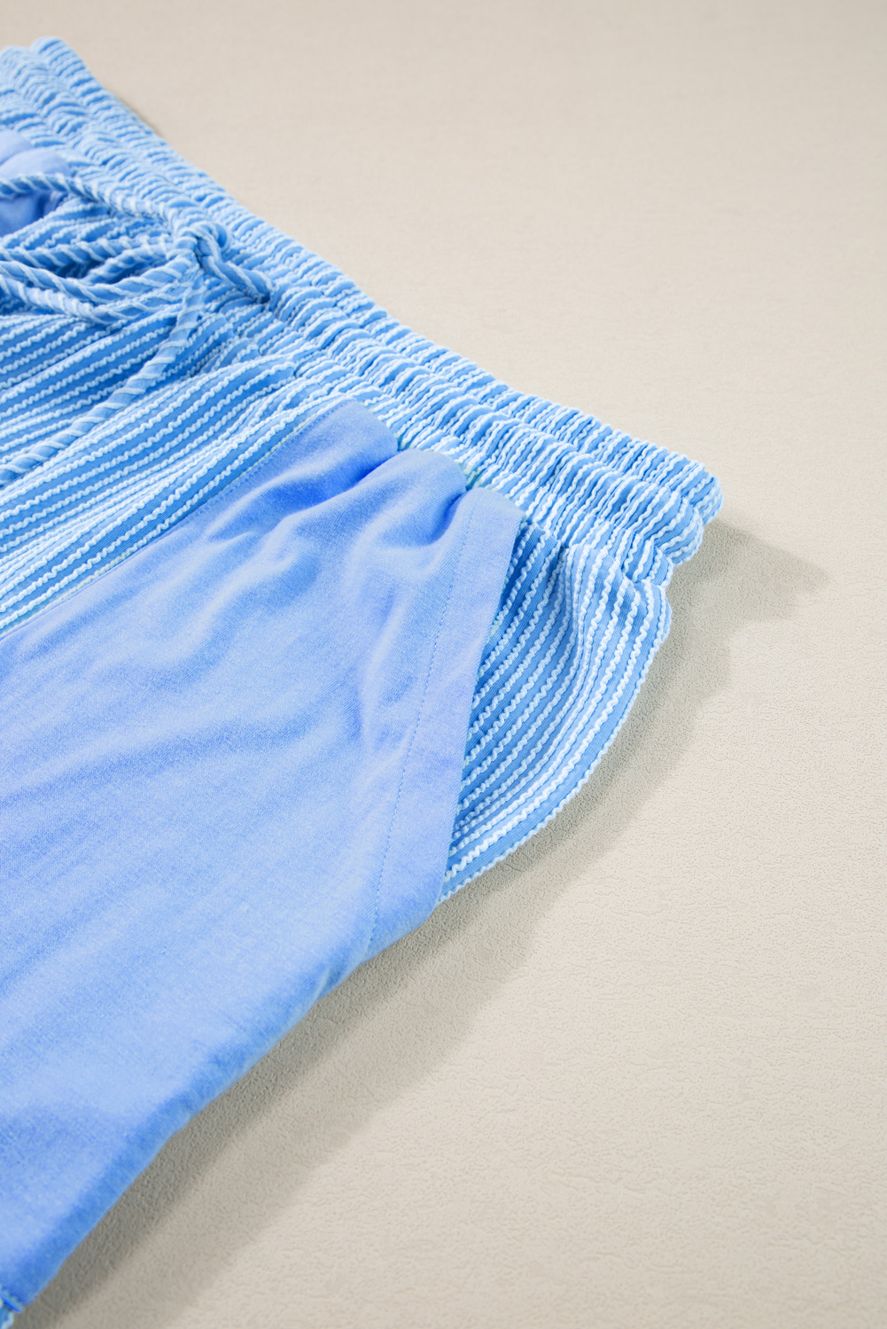 Plus Size Light Blue  Ribbed Long Sleeve Top and Drawstring Shorts Set