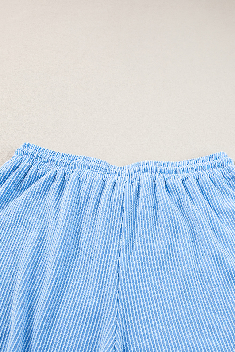 Plus Size Light Blue  Ribbed Long Sleeve Top and Drawstring Shorts Set