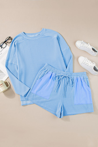 Plus Size Light Blue  Ribbed Long Sleeve Top and Drawstring Shorts Set