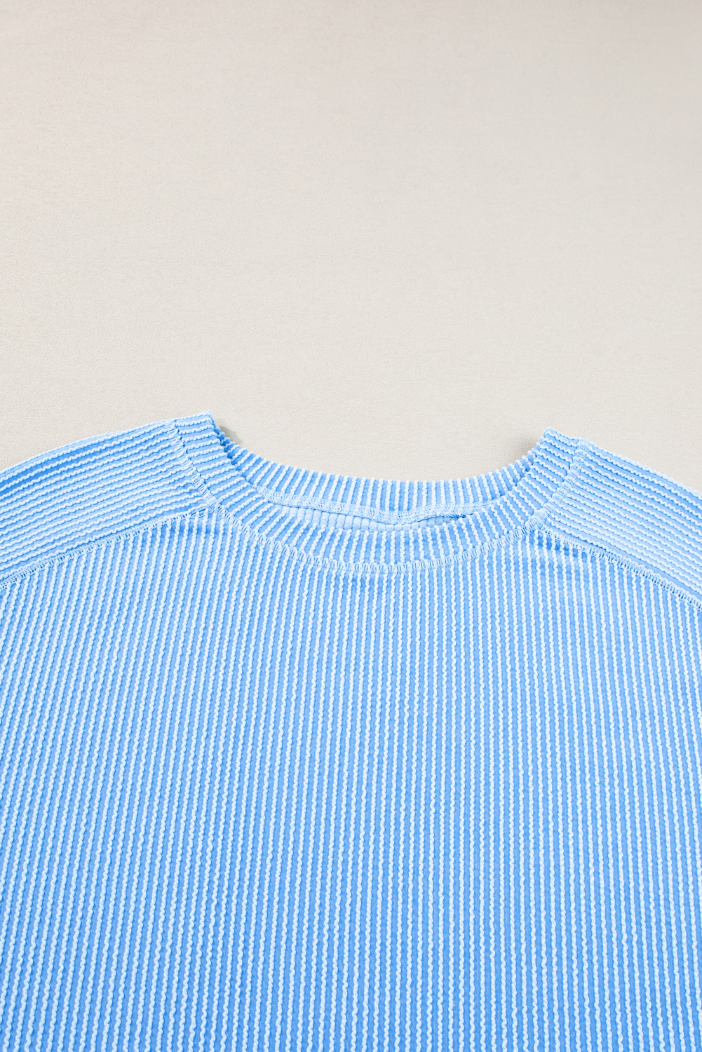Plus Size Light Blue  Ribbed Long Sleeve Top and Drawstring Shorts Set