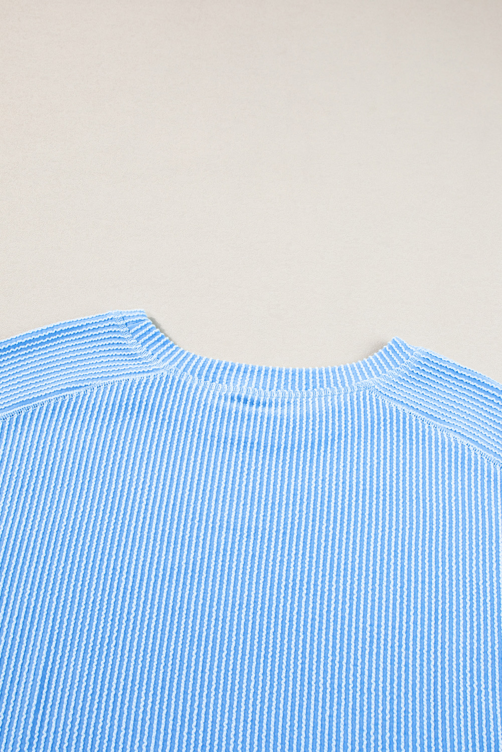 Plus Size Light Blue  Ribbed Long Sleeve Top and Drawstring Shorts Set