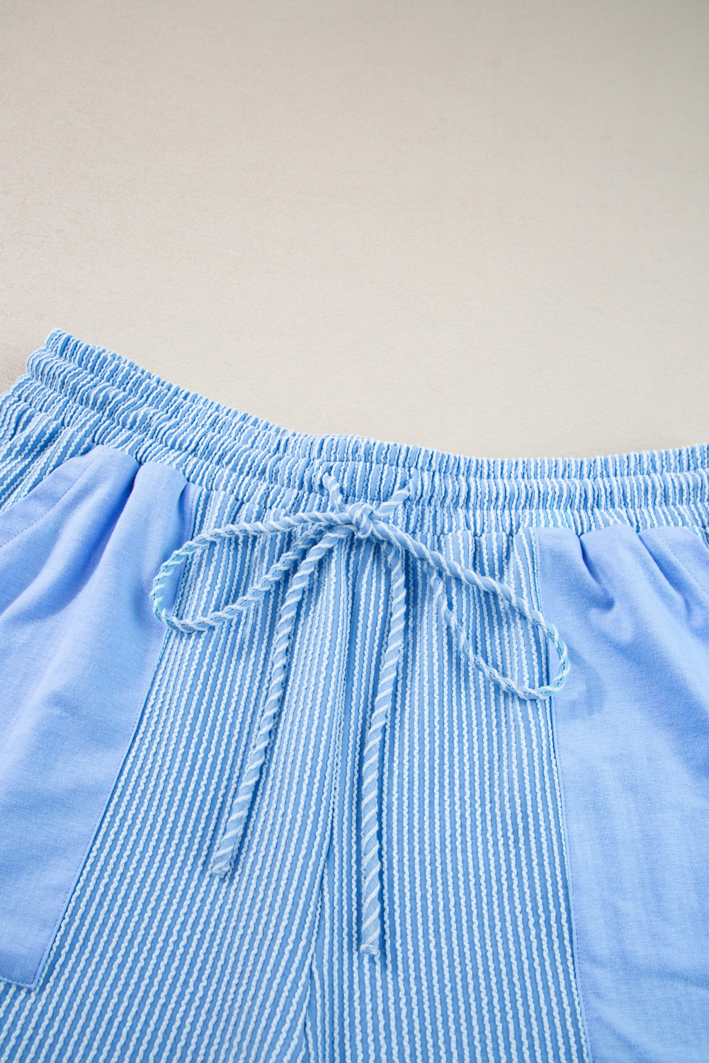Plus Size Light Blue  Ribbed Long Sleeve Top and Drawstring Shorts Set