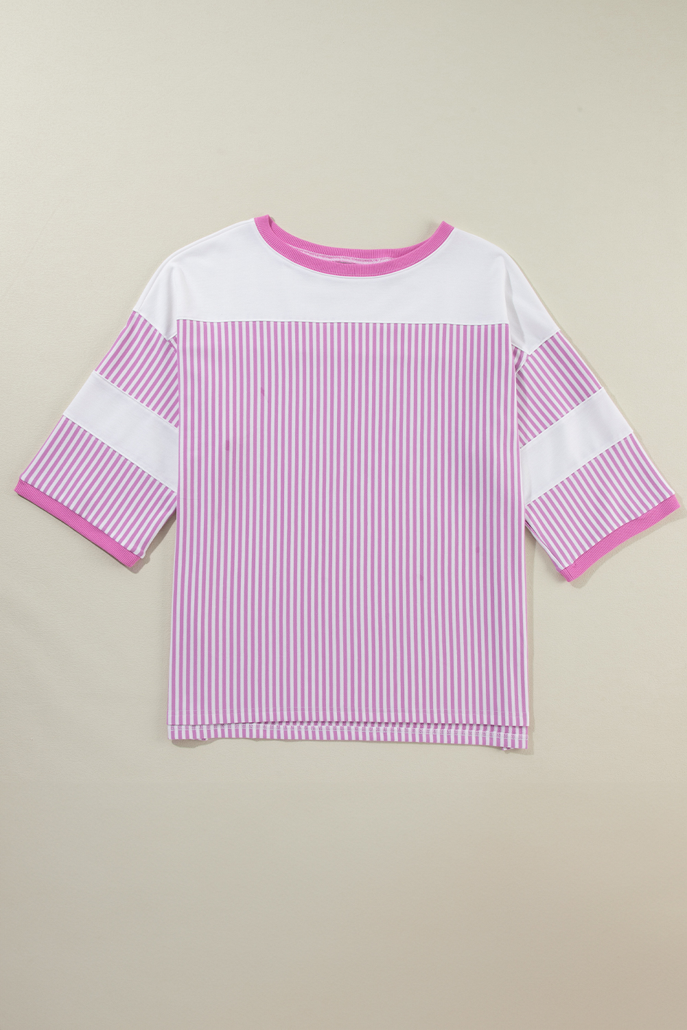 Plus Size Pink Stripe Patchwork Bracelet Sleeve  T Shirt