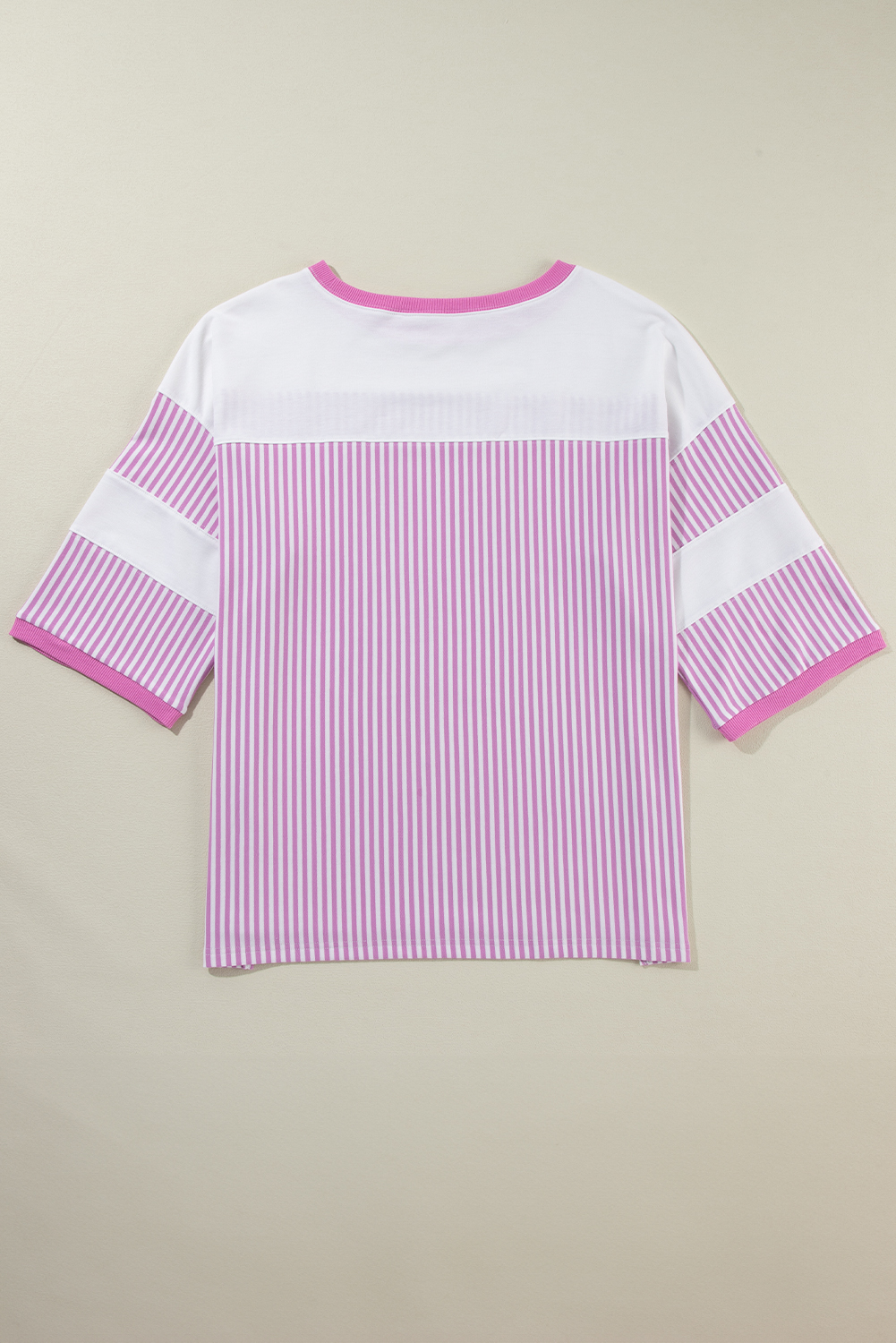 Plus Size Pink Stripe Patchwork Bracelet Sleeve  T Shirt