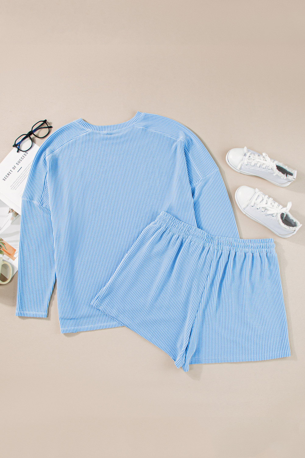 Plus Size Light Blue  Ribbed Long Sleeve Top and Drawstring Shorts Set