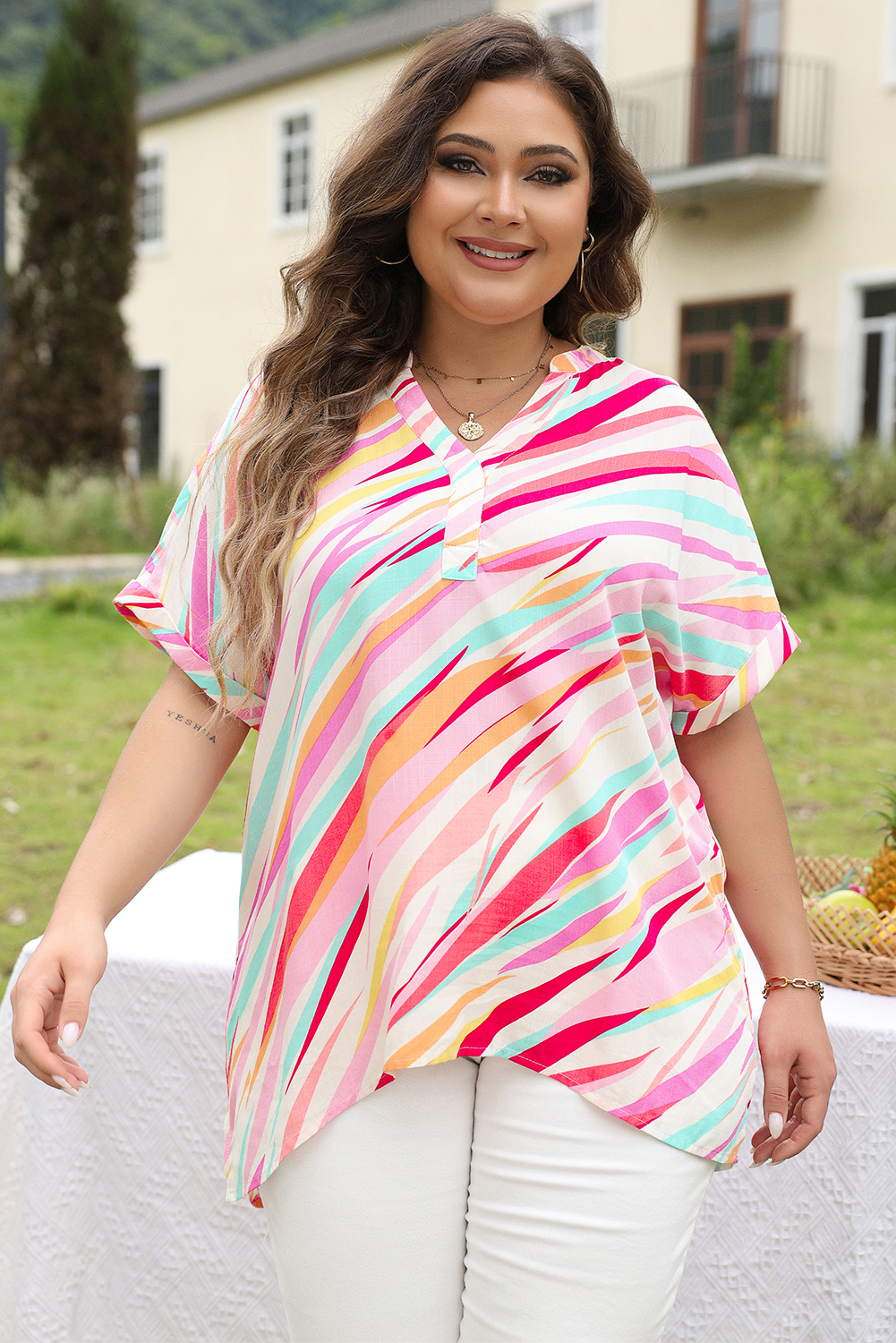 Plus Size White Abstract Print Short Sleeve Notched Neck  Top