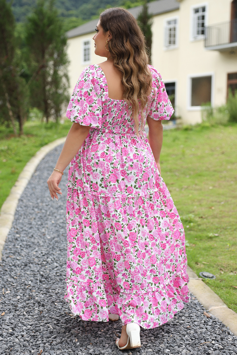Plus Size Pink  Floral Print Smocked Puff Sleeve Dress