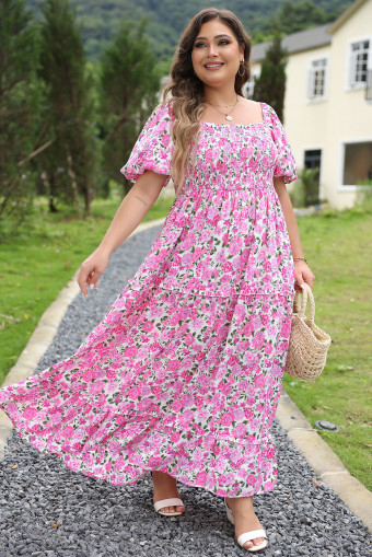 Plus Size Pink  Floral Print Smocked Puff Sleeve Dress