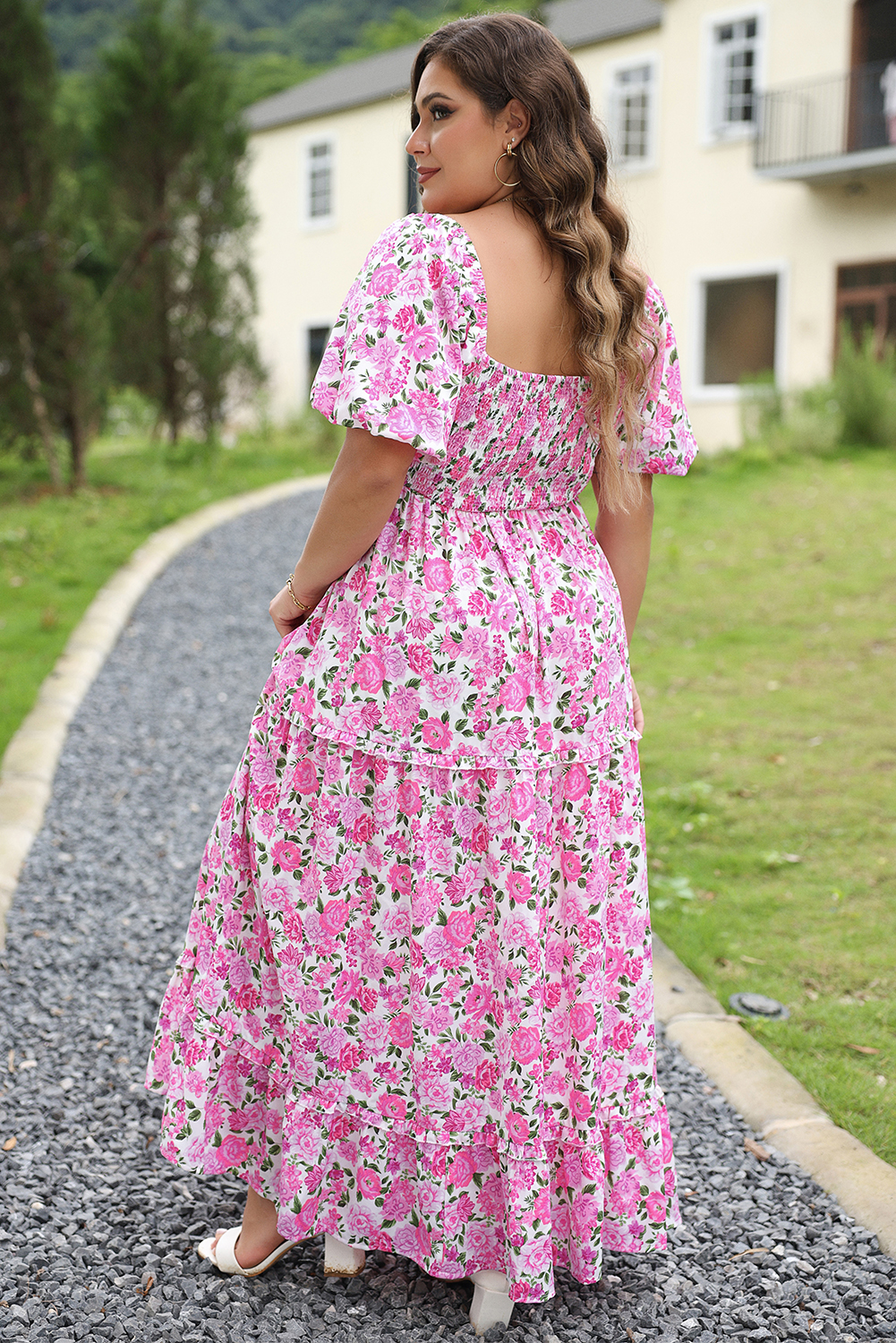 Plus Pink Floral Print Smocked Puff Sleeve Dress