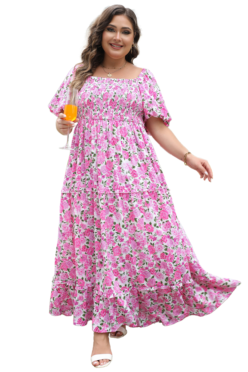 Plus Size Pink  Floral Print Smocked Puff Sleeve Dress
