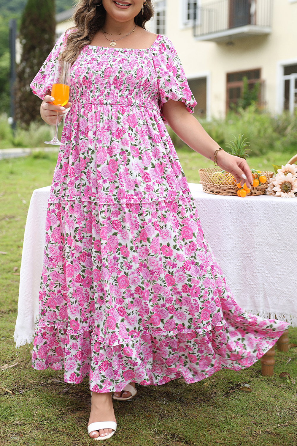 Plus Size Pink  Floral Print Smocked Puff Sleeve Dress