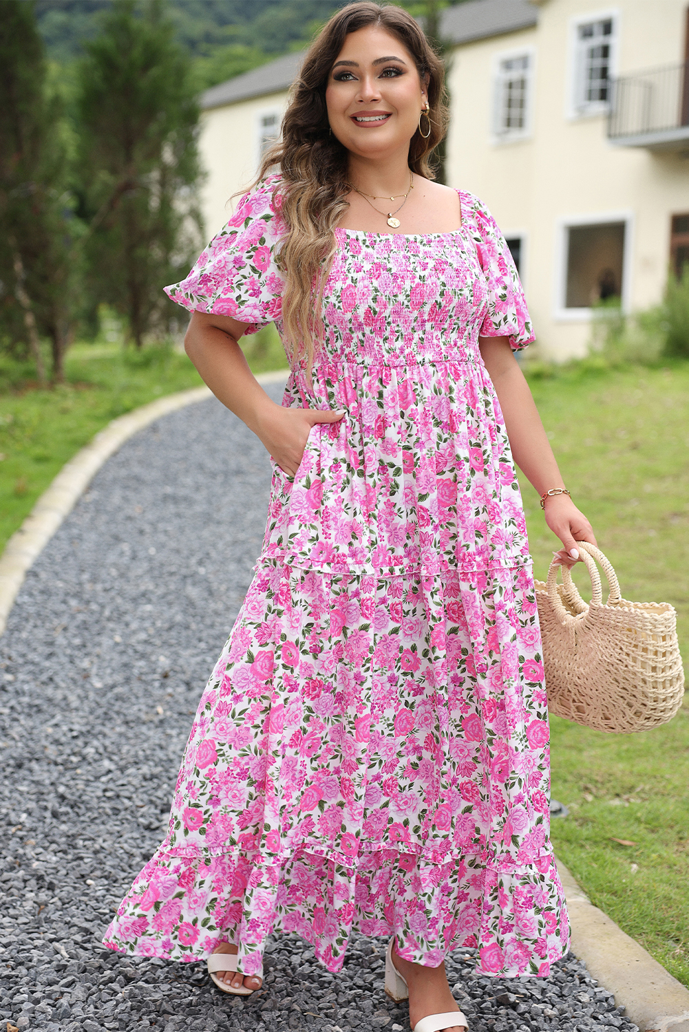Curvy Plus Size Pink Floral Print Smocked Puff Sleeve Dress