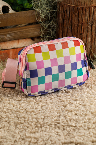 Pink Colorblock Checkered Printed Crossbody Bag