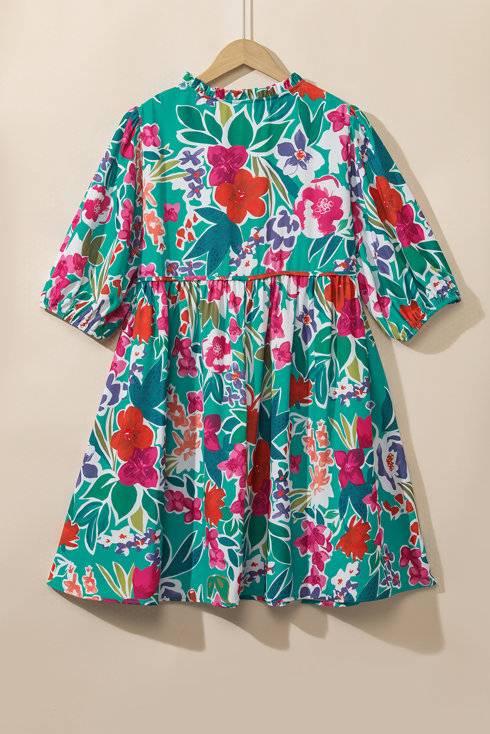 Plus Size Sky Blue  Floral Print Puff Sleeve Tie Neck Babydoll Dress