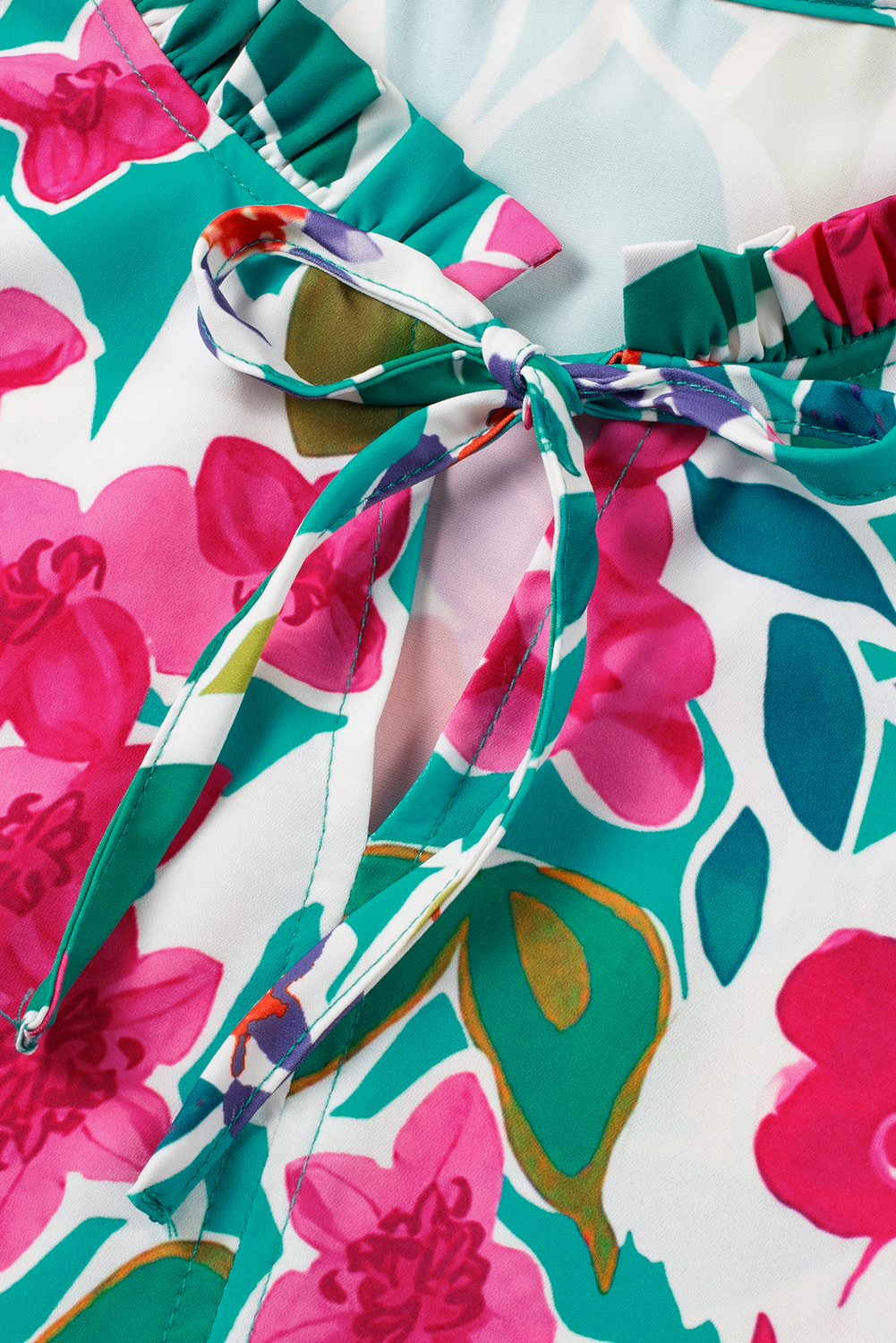 Plus Size Sky Blue  Floral Print Puff Sleeve Tie Neck Babydoll Dress