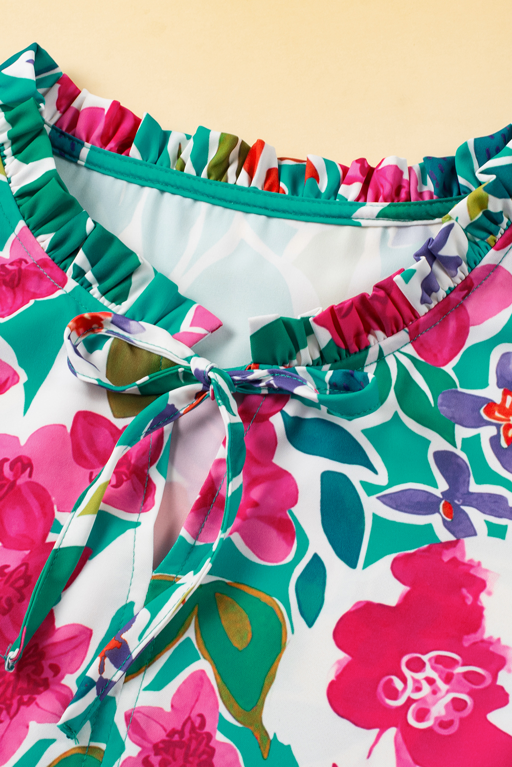 Plus Size Sky Blue  Floral Print Puff Sleeve Tie Neck Babydoll Dress