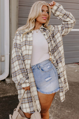 Plus Size White Plaid Print Tunic  Shacket with Slits