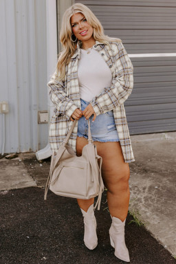 Plus Size White Plaid Print Tunic  Shacket with Slits