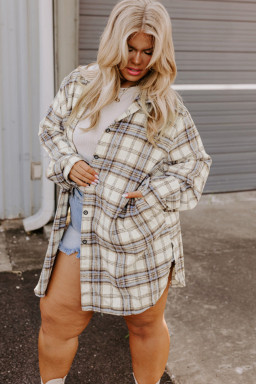 Plus Size White Plaid Print Tunic  Shacket with Slits