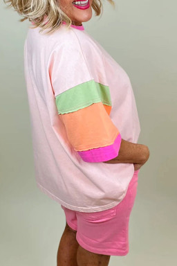 Plus Size Pink Rugby Chenille Embroidered Color Block  T Shirt