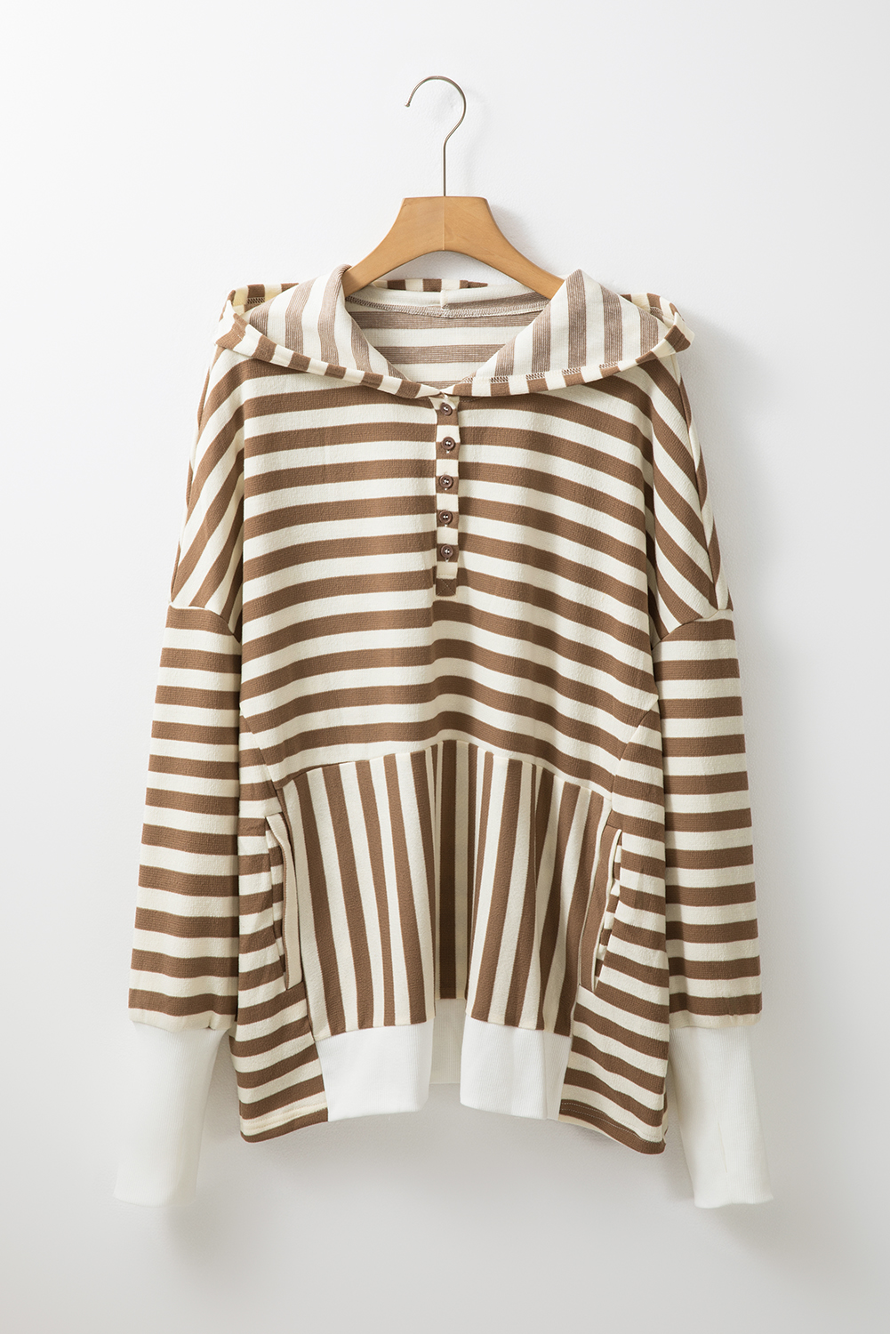 Plus Size Brown Stripe Quarter Buttons Drop Sleeve  Hoodie