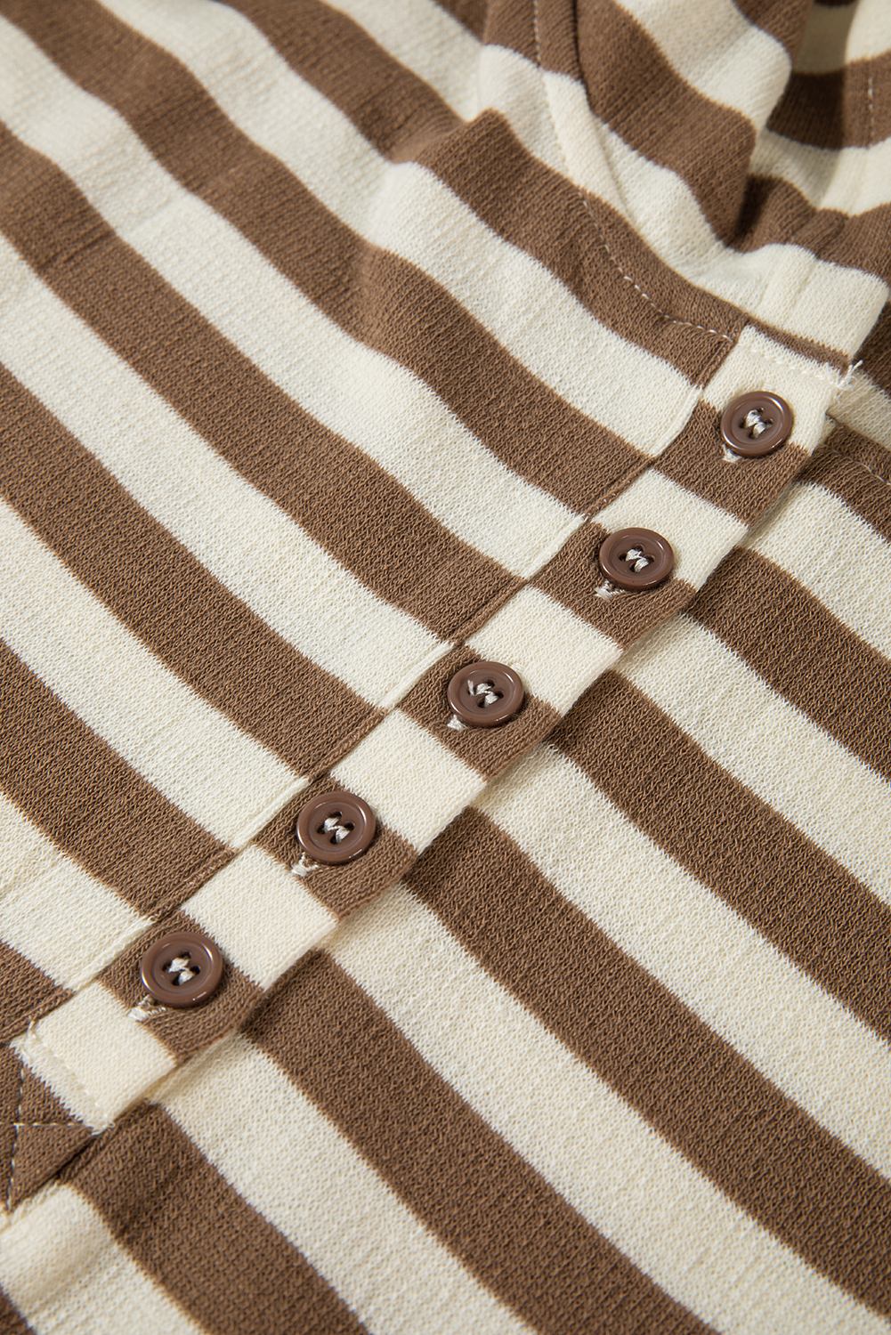 Plus Size Brown Stripe Quarter Buttons Drop Sleeve  Hoodie