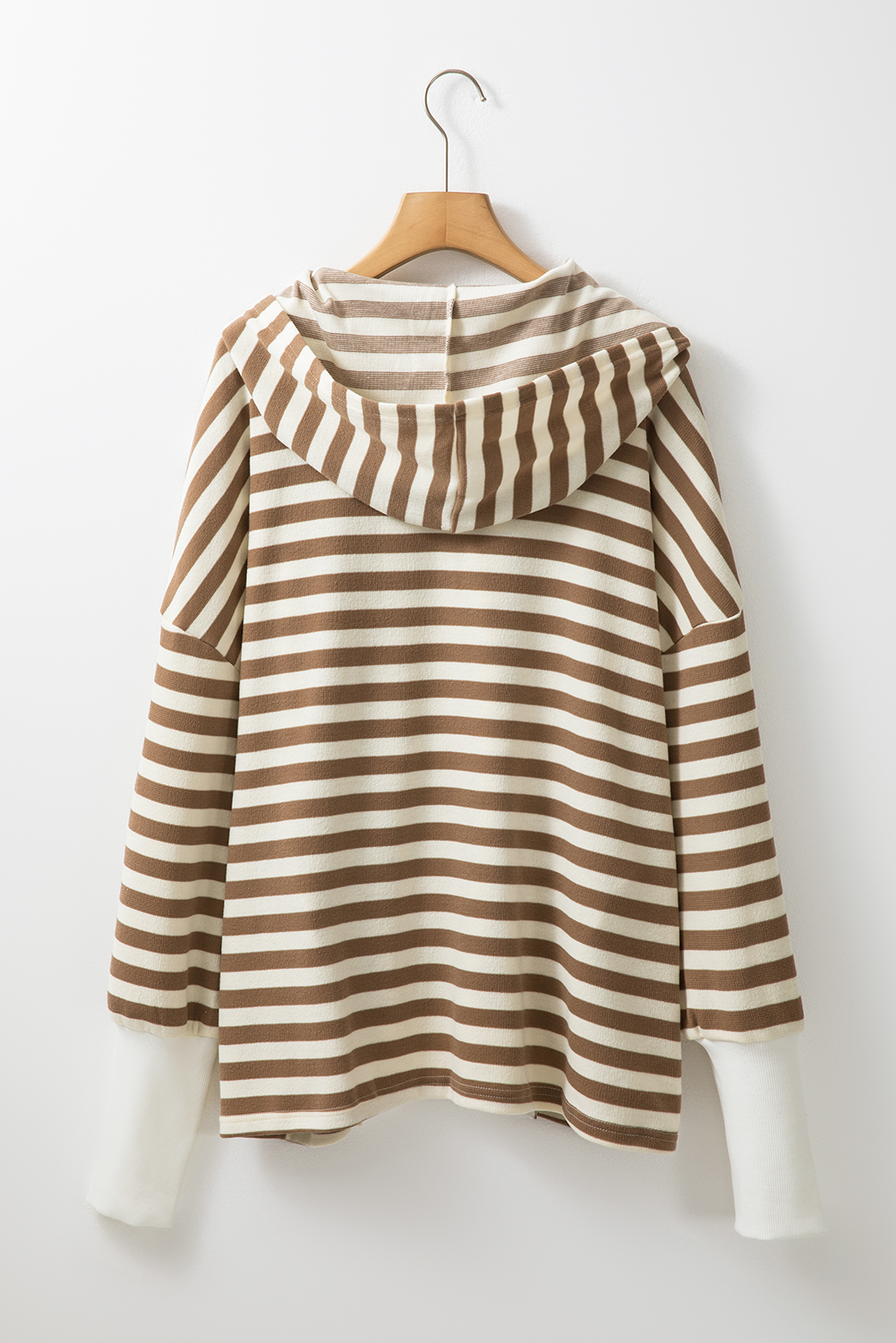 Plus Size Brown Stripe Quarter Buttons Drop Sleeve  Hoodie