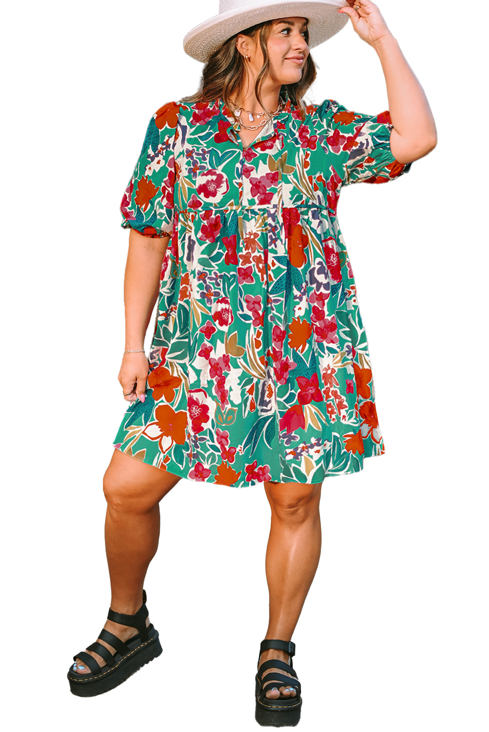 Plus Size Sky Blue  Floral Print Puff Sleeve Tie Neck Babydoll Dress