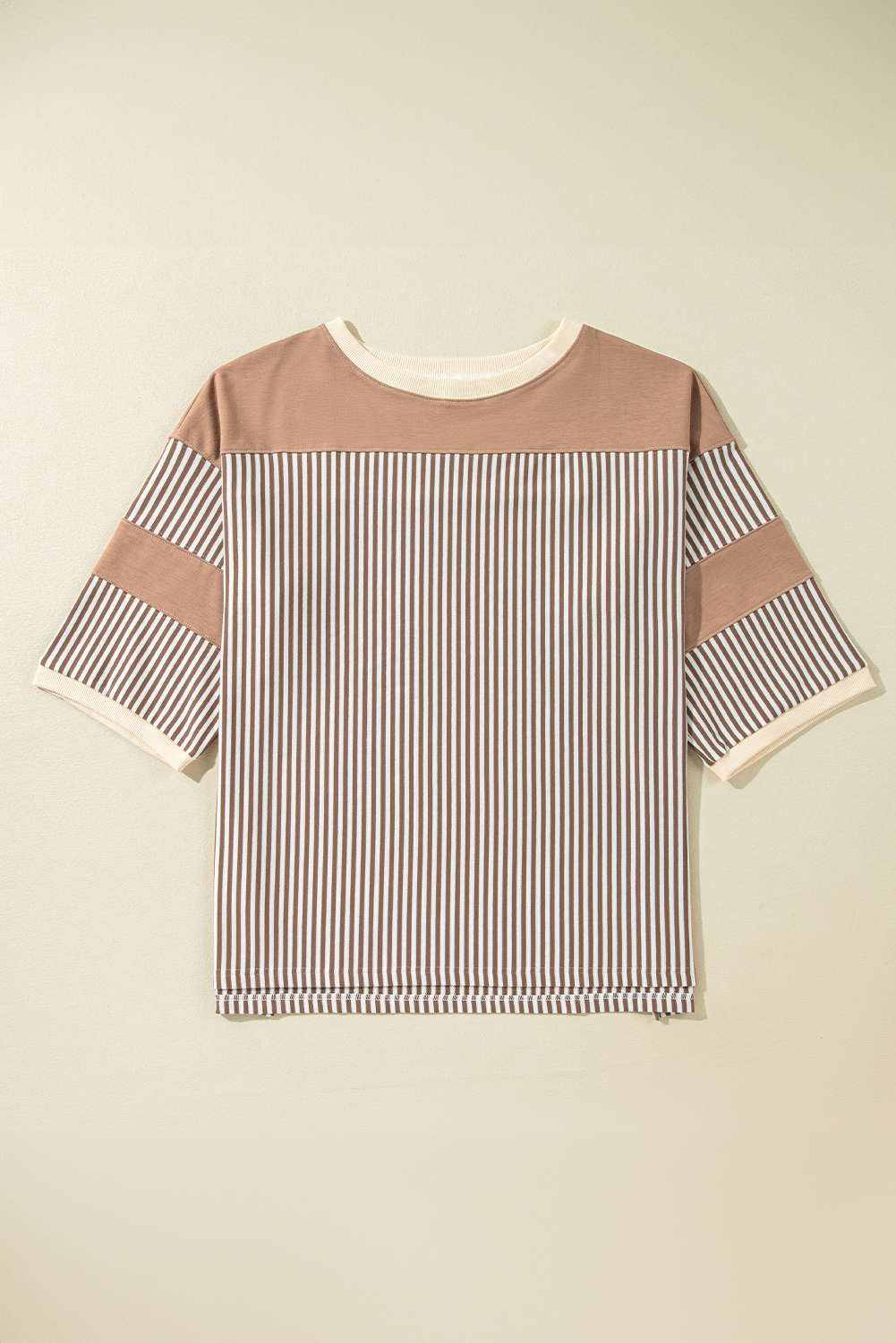 Plus Size Khaki Stripe Patchwork Bracelet Sleeve  T Shirt