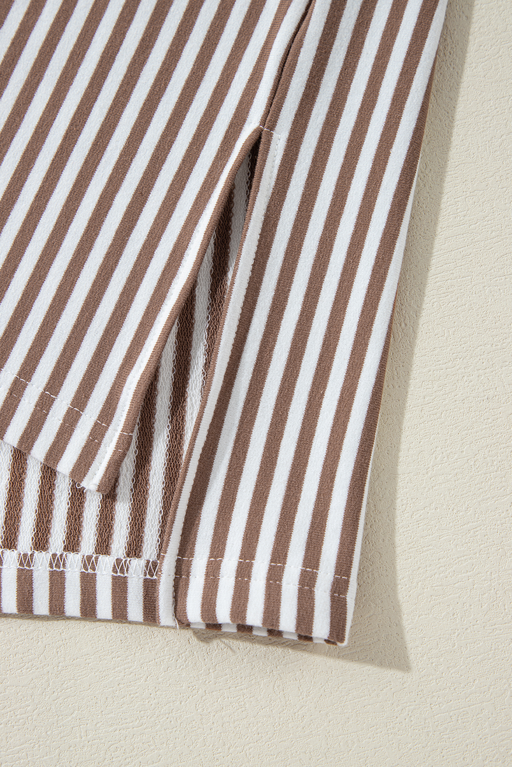 Plus Size Khaki Stripe Patchwork Bracelet Sleeve  T Shirt