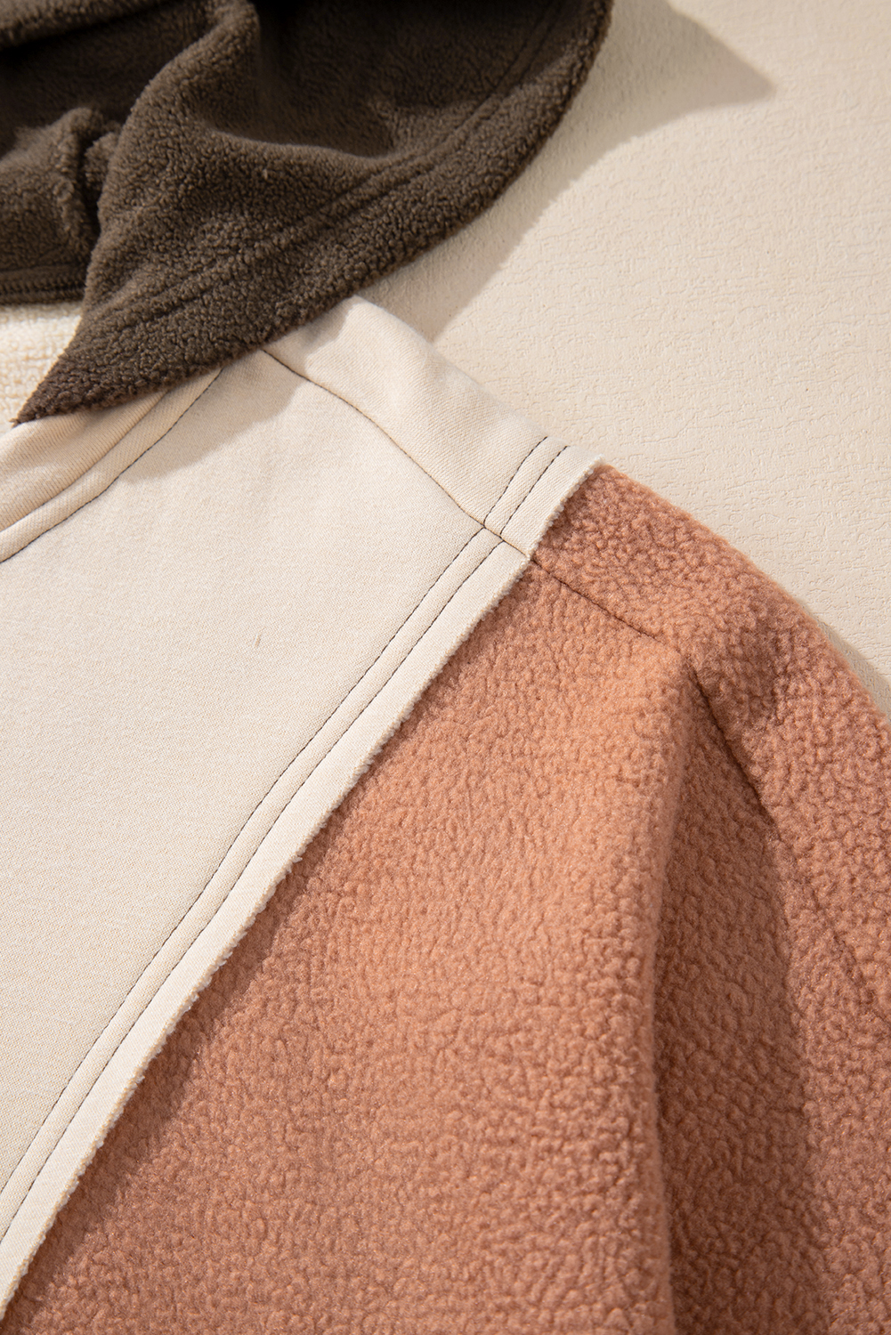 Plus Size Brown Exposed Seam Colorblock  Hoodie