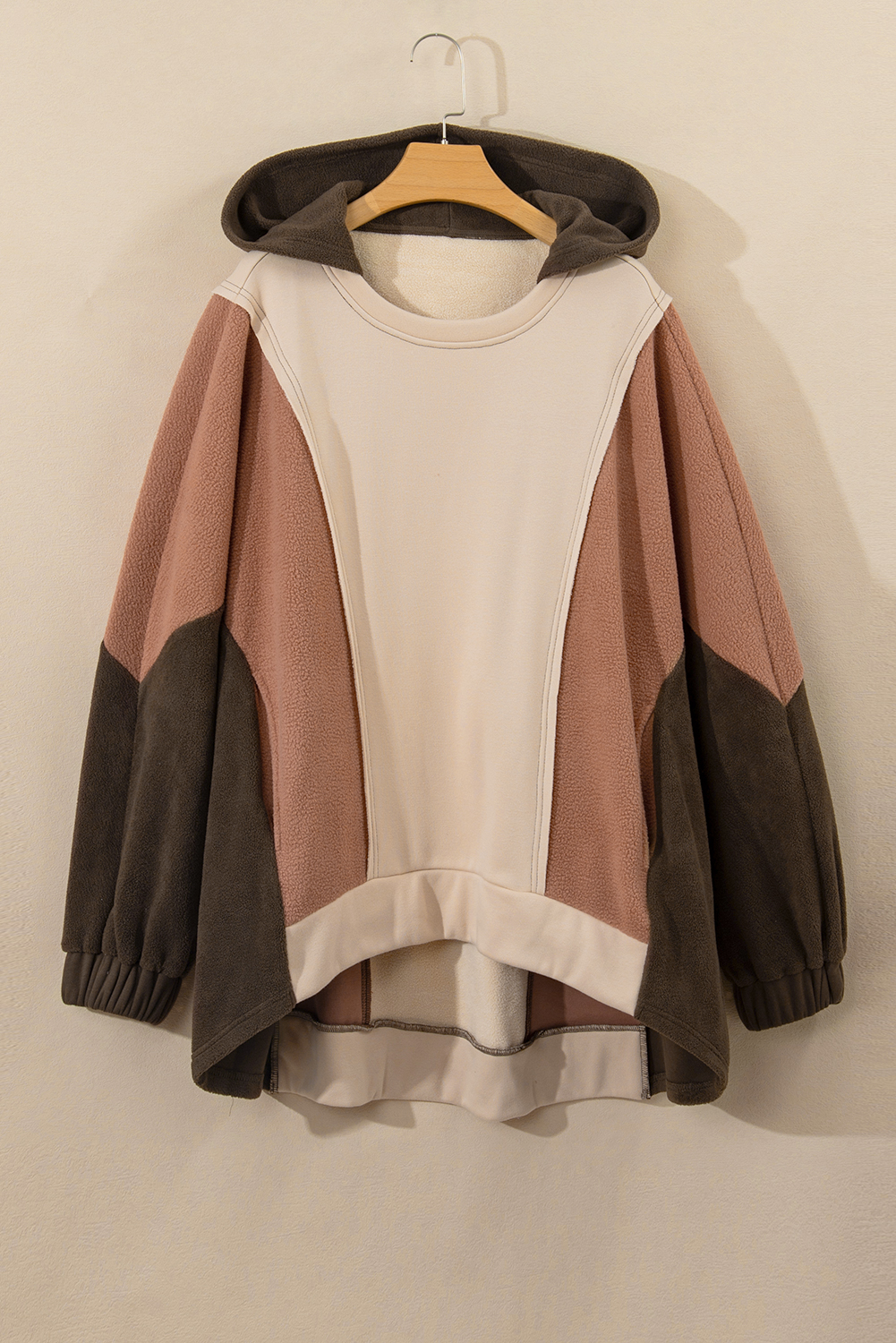 Plus Size Brown Exposed Seam Colorblock  Hoodie