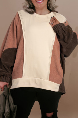 Plus Size Brown Exposed Seam Colorblock  Hoodie