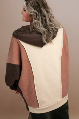 Plus Size Brown Exposed Seam Colorblock  Hoodie