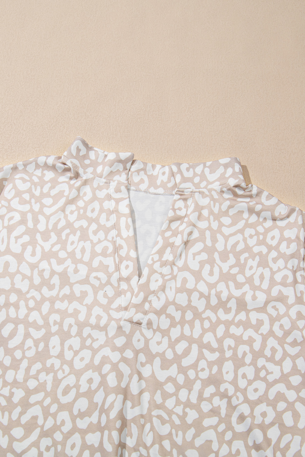 Plus Size Apricot Leopard Tab Sleeve V Neck  Top