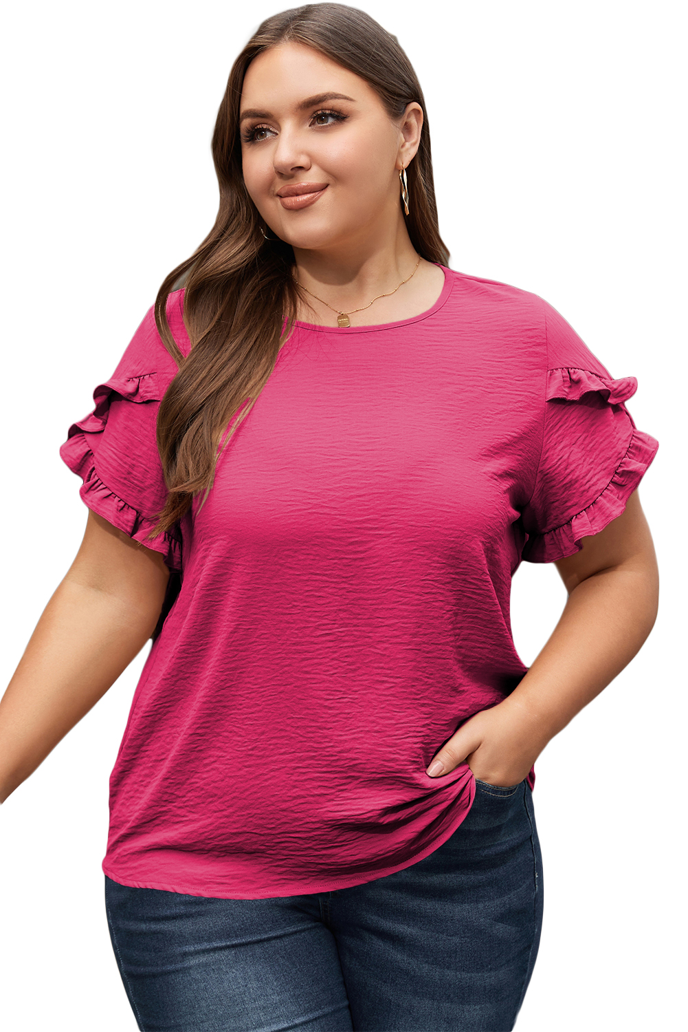Plus Size Bright Pink Ruffled Short Sleeve  Top