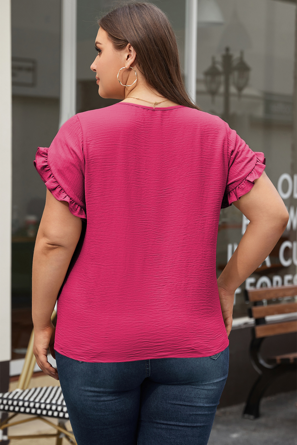 Plus Size Bright Pink Ruffled Short Sleeve  Top