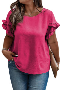 Plus Size Bright Pink Ruffled Short Sleeve  Top