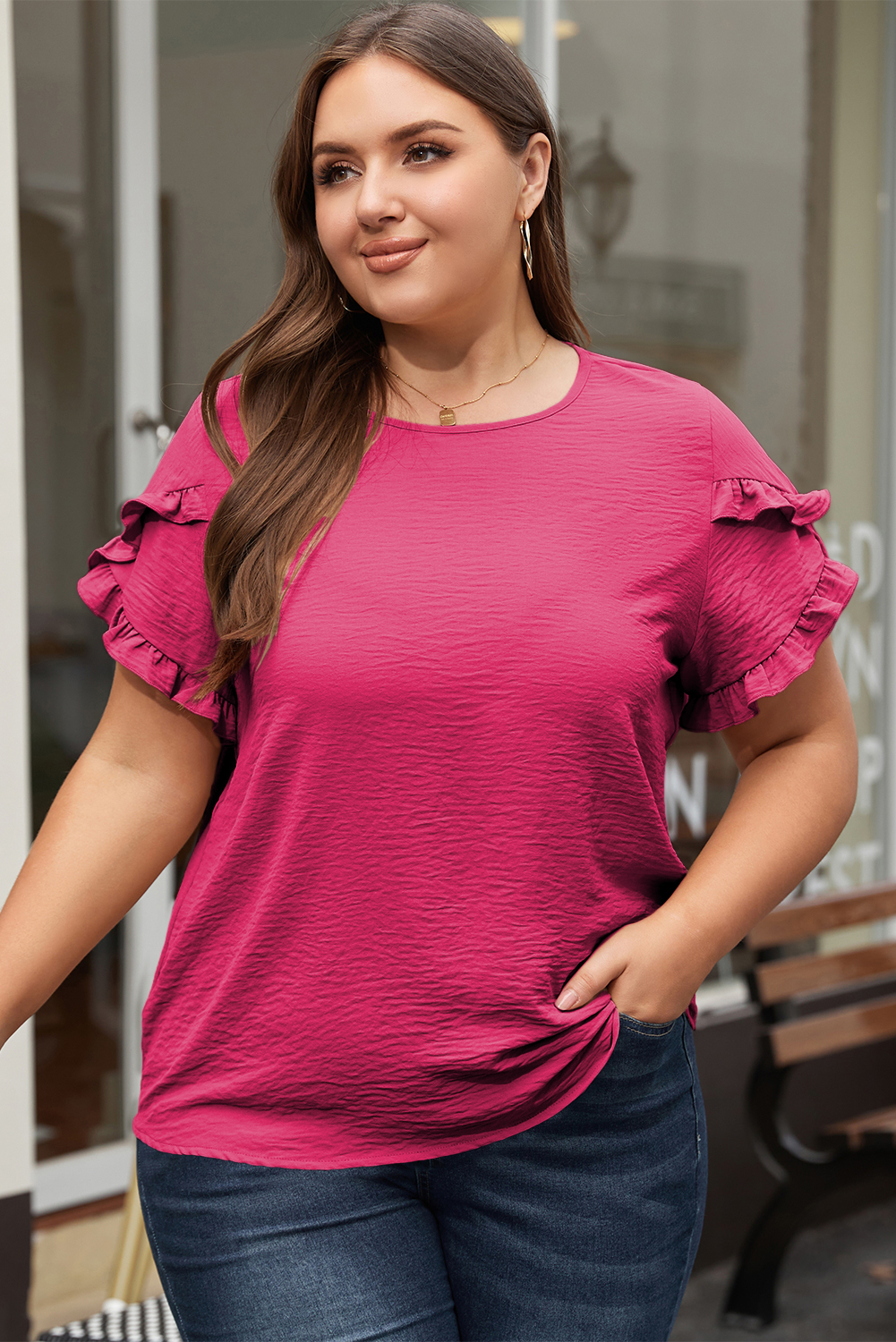 Plus Size Bright Pink Ruffled Short Sleeve  Top
