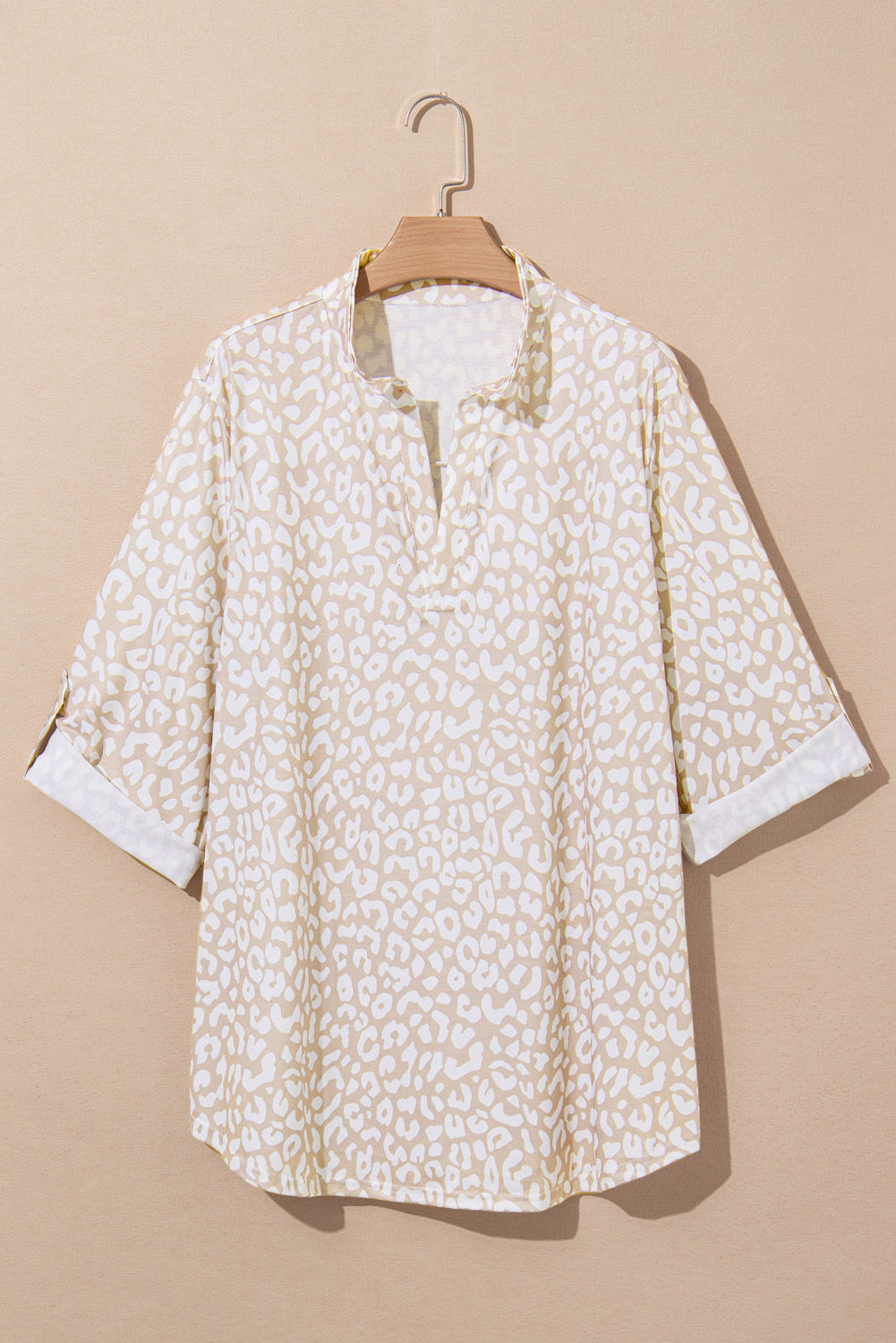 Plus Size Apricot Leopard Tab Sleeve V Neck  Top