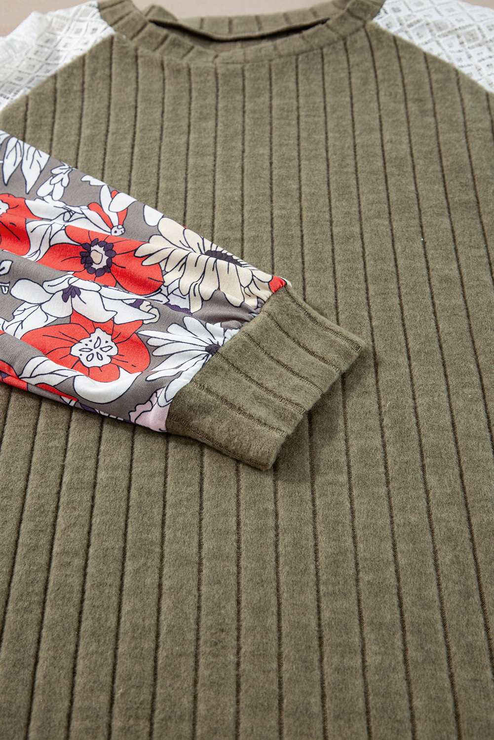 Plus Size Vineyard Green  Textured Floral Patchwork Raglan Sleeve Blouse