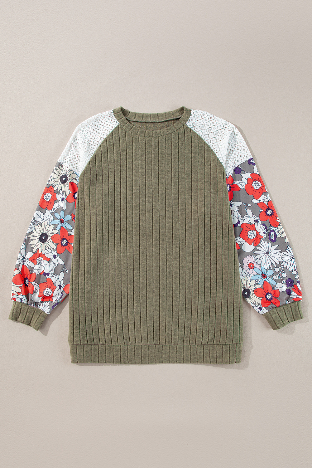 Plus Size Vineyard Green  Textured Floral Patchwork Raglan Sleeve Blouse