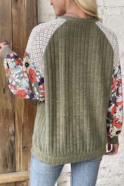 Plus Size Vineyard Green  Textured Floral Patchwork Raglan Sleeve Blouse