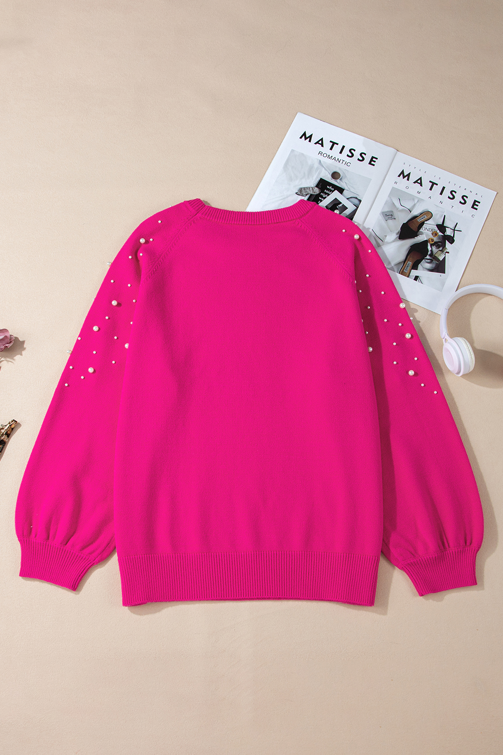 Plus Size Strawberry Pink Pearled Decor Raglan Sleeve  Sweater