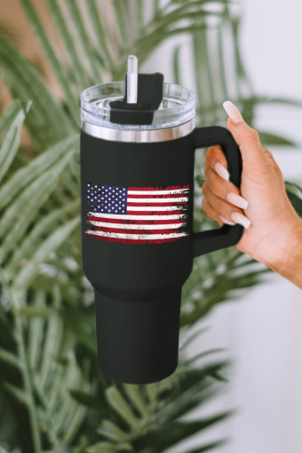Black American Flag Print Straw Handle Insulate Cup 40oz