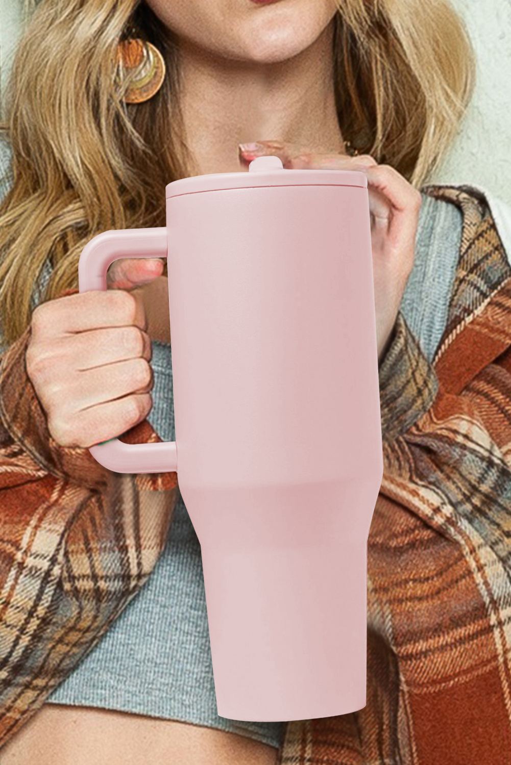 Light Pink Frosted Stainless Handle Large Vacuum Cup with Straw 40oz