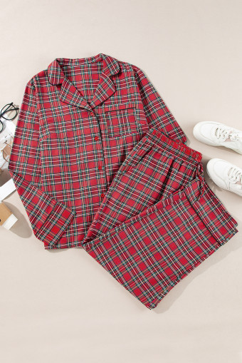 Plus Size Red Plaid Printed Shirt and Pants  Lounge Set