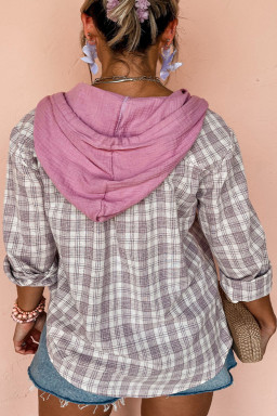 Plus Size Bonbon Plaid Print Drawstring Hooded Button-up  Shirt