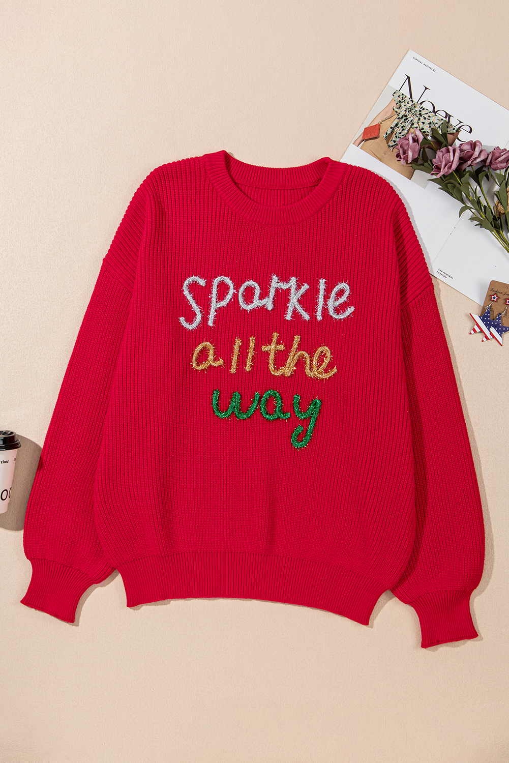 Plus Size Racing Red Sparkle All The Way Tinsel Crew Neck  Sweater